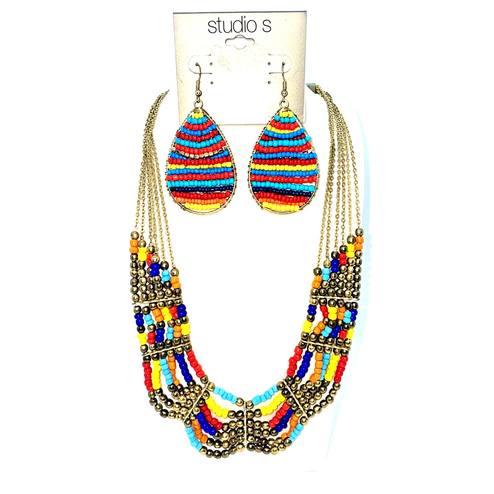 Necklace and Earrings Set Multicolored Chain Beads Custom Fashion Jewelry